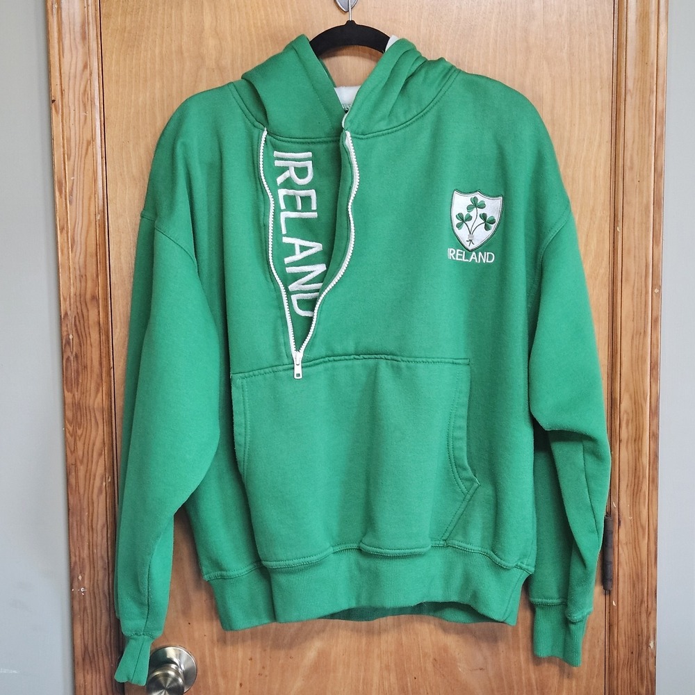 Dolmen Clothing LARGE Mens Green Ireland Embroidered Half Zip‎ Hoodie w/ Pocket